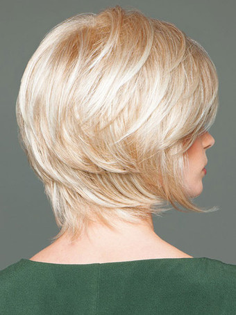 人毛かつら ミセスウィッグ ショートウィッグ＆ロングウィッグ 女性用かつら ゴールド ショートヘア ふわっとした髪 フルウィッグ パーティー シック＆モダン 大人用