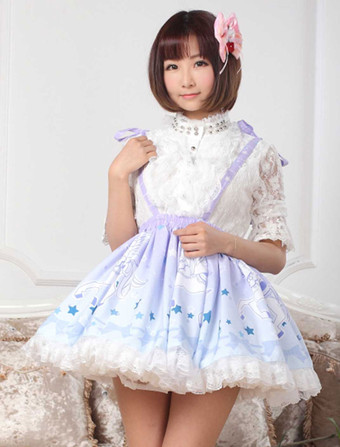 Lolitashow Sweet Blue Lace Bow Printed Polyester Lolita Dress 