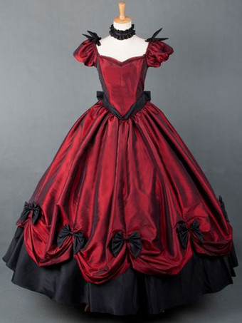 Vestido de fiesta rojo manga corta plisado vestido victoriano disfraz