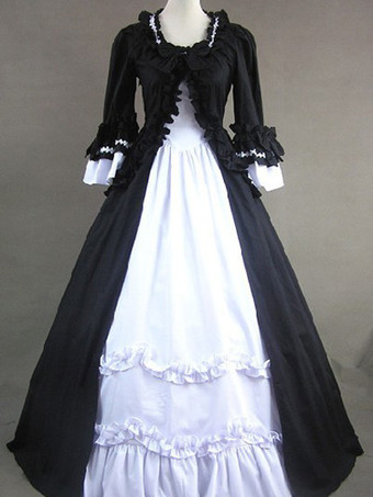 ゴシック ブラックとホワイト ポプリン長い袖ロリータワン ピース ドレス