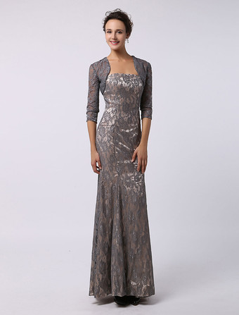 結婚式 母親ドレス マーメイドライン ミセスドレス フォーマル グレイ ウェディングパーティードレス ストラップレスネック ノースリーブ お呼ばれ 謝恩会 成人式 二次会 レース 格安オケージョンドレス マキシ丈 ファスナー レース ウェディング