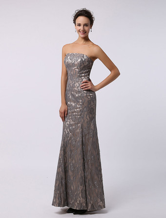 結婚式 母親ドレス マーメイドライン ミセスドレス フォーマル グレイ ウェディングパーティードレス ストラップレスネック ノースリーブ お呼ばれ 謝恩会 成人式 二次会 レース 格安オケージョンドレス マキシ丈 ファスナー レース ウェディング