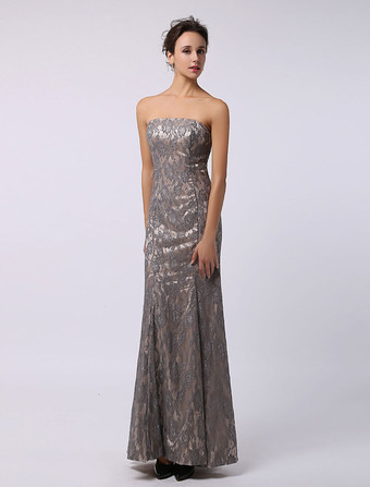 結婚式 母親ドレス マーメイドライン ミセスドレス フォーマル グレイ ウェディングパーティードレス ストラップレスネック ノースリーブ お呼ばれ 謝恩会 成人式 二次会 レース 格安オケージョンドレス マキシ丈 ファスナー レース ウェディング