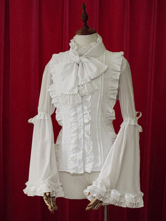 ホワイト ロリィタブラウス シルクライク シフォン 姫袖 スタンドカラー 長袖 無地 レースアップ フリル