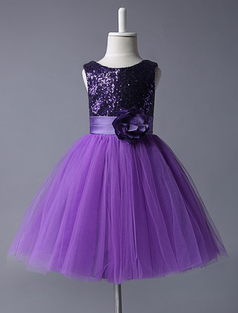 Purple Flower Girl Vestidos Sequined Bodice Tulle Tutu Vestido sem mangas Flower Sash Short Kids Party Dress