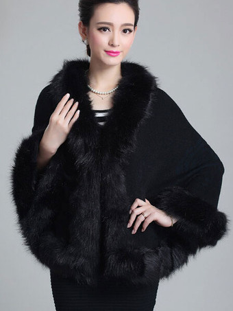ブラック ポンチョ コート Vネック ケープコート レッド レディースアウター フェイクファー レディースファッション ノースリーブ 厚い エコファーコート ジャガード織 高貴