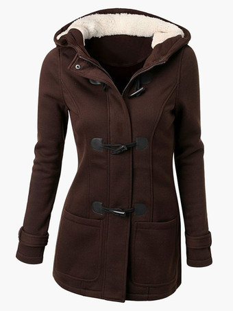 ディープブラウンチェスターコート ライトグレー トグル ボタン 無地 ポリエステル綿混紡 レディースファッション ピーコート フード付き 女性上着 長袖 レディースアウター レディース