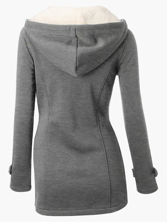 チェスターコート ライトグレー トグル ボタン 無地 ポリエステル綿混紡 レディースファッション ピーコート フード付き 女性上着 長袖 レディースアウター レディース