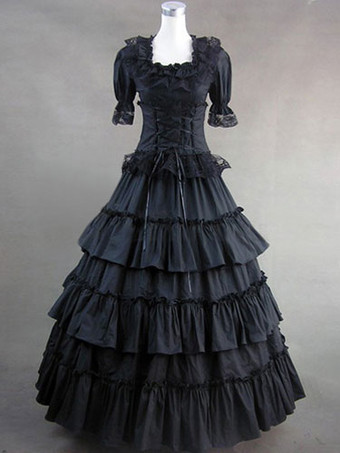 ヴィンテージファッション　レトロ服　コスチューム　ドレス　ブラック　半袖　大人用　ヴィクトリア風　女性用　コットン　 ハロウィン
