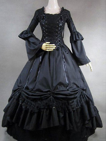 Victorian preta rendas até trompete de babados em camadas mangas trajes retrô Halloween
