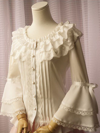 Blusa de Lolita do Chiffon branco longa Hime mangas guarnição redonda gola de babados