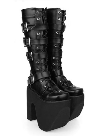 ロリータブーツ　ブラック　PU　ラウンドトゥ（丸いつま先）　チャンキーヒール　