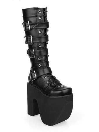 ロリータブーツ　ブラック　PU　ラウンドトゥ（丸いつま先）　チャンキーヒール　