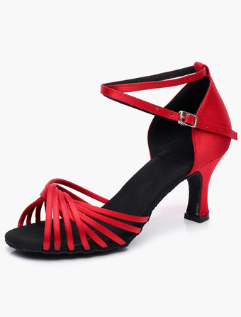 レッド 女性ダンスシューズ　ラテンダンスシューズ　美脚　疲れにくい　社交ダンスシューズ　滑り防止　チャンキーヒール　7cm　オープントゥ　