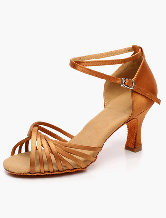 ブラウン 女性ダンスシューズ　ラテンダンスシューズ　美脚　疲れにくい　社交ダンスシューズ　滑り防止　チャンキーヒール　7cm　オープントゥ　