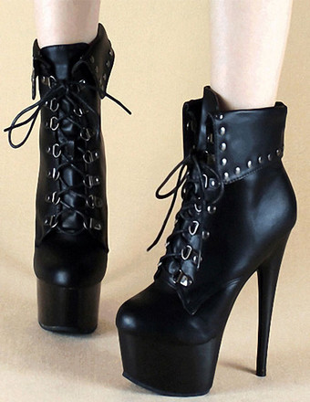 ハイヒールブーツ　2025　ブラック　プラットフォーム　ラウンドトゥ　レースアップ　アンクルブーツ　