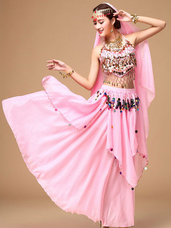 ピンク ベリーダンス衣装　コスチューム　女性用　レッド アラビアン 衣装　スパークル　シフォン　ボリウッド　ダンスドレス