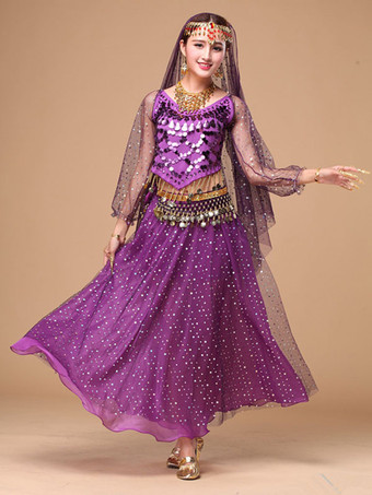 パープル ベリーダンス衣装　コスチューム　スパークル　アラビアン 衣装 シフォン　ボリウッド　ダンスドレス