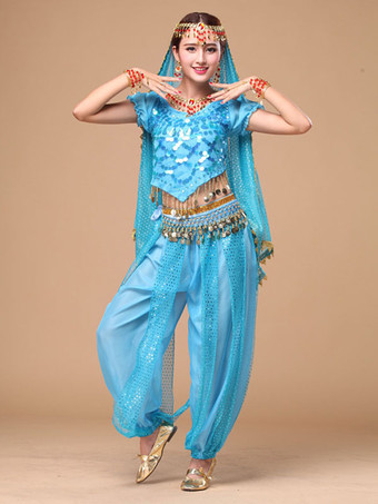 ティールベリーダンス衣装 コスチューム　キラキラ　アラビアン 衣装 ブルー　シフォン　ボリウッドダンスドレス　女性用