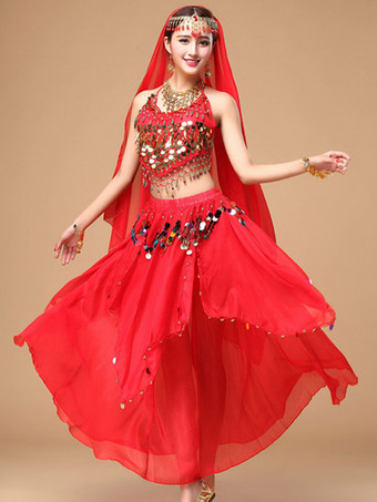 ベリーダンス衣装　コスチューム　女性用　レッド アラビアン 衣装　スパークル　シフォン　ボリウッド　ダンスドレス