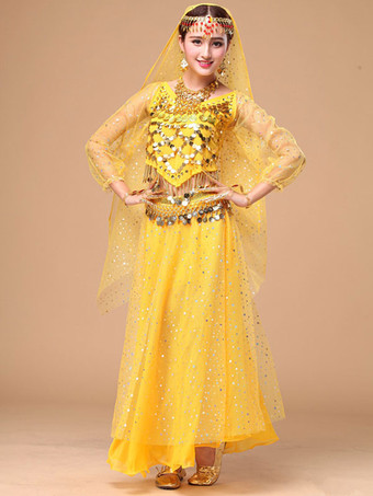イエローベリーダンス衣装　コスチューム　スパークル　アラビアン 衣装 シフォン　ボリウッド　ダンスドレス