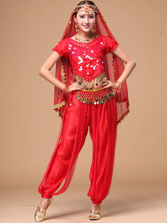 レッド ベリーダンス衣装 コスチューム　キラキラ　アラビアン 衣装 ブルー　シフォン　ボリウッドダンスドレス　女性用