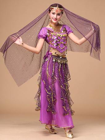 パープル ベリーダンス衣装　コスチューム　イエロー アラビアン 衣装　シフォン　スパークル　ボリウッド　ダンスドレス　女性用