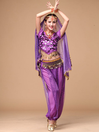 パープル ベリーダンス衣装 コスチューム　キラキラ　アラビアン 衣装 ブルー　シフォン　ボリウッドダンスドレス　女性用