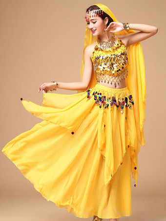 イエローベリーダンス衣装　コスチューム　女性用　レッド アラビアン 衣装　スパークル　シフォン　ボリウッド　ダンスドレス