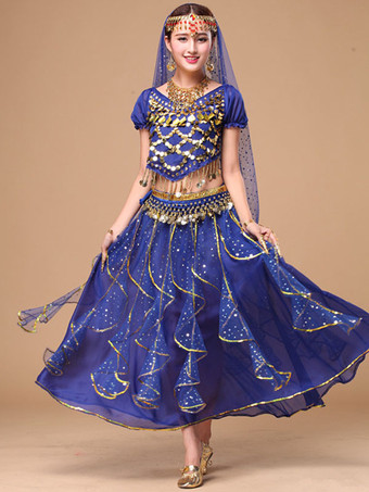 ロイヤルブルーベリーダンス衣装　コスチューム　イエロー アラビアン 衣装　シフォン　スパークル　ボリウッド　ダンスドレス　女性用