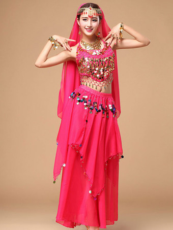 ローズレッドベリーダンス衣装　コスチューム　女性用　レッド アラビアン 衣装　スパークル　シフォン　ボリウッド　ダンスドレス