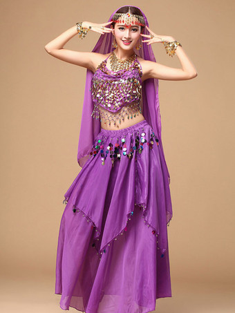 パープル ベリーダンス衣装　コスチューム　女性用　レッド アラビアン 衣装　スパークル　シフォン　ボリウッド　ダンスドレス