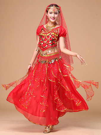 レッド ベリーダンス衣装　コスチューム　イエロー アラビアン 衣装　シフォン　スパークル　ボリウッド　ダンスドレス　女性用