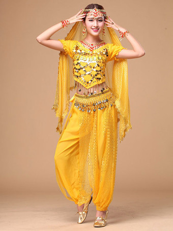 イエローベリーダンス衣装 コスチューム　キラキラ　アラビアン 衣装 ブルー　シフォン　ボリウッドダンスドレス　女性用