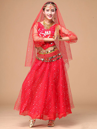 レッド ベリーダンス衣装　コスチューム　スパークル　アラビアン 衣装 シフォン　ボリウッド　ダンスドレス