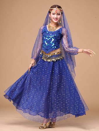 ロイヤルブルーベリーダンス衣装　コスチューム　スパークル　アラビアン 衣装 シフォン　ボリウッド　ダンスドレス