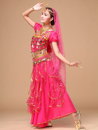 ローズレッドベリーダンス衣装　コスチューム　イエロー アラビアン 衣装　シフォン　スパークル　ボリウッド　ダンスドレス　女性用