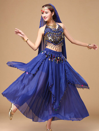 ロイヤルブルーベリーダンス衣装　コスチューム　女性用　レッド アラビアン 衣装　スパークル　シフォン　ボリウッド　ダンスドレス