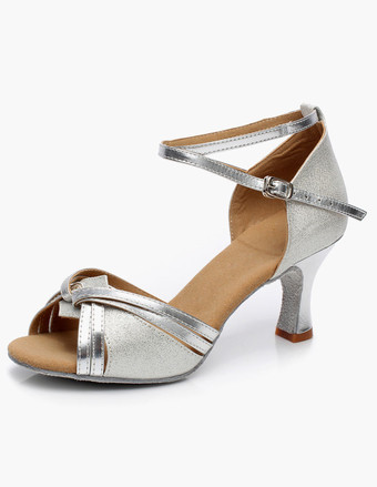 シルバー 女性ダンスシューズ　ラテンダンスシューズ　美脚　疲れにくい　社交ダンスシューズ　滑り防止　チャンキーヒール　5.5cm　オープントゥ　