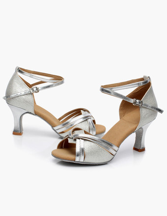 女性ダンスシューズ　ラテンダンスシューズ　美脚　疲れにくい　社交ダンスシューズ　滑り防止　チャンキーヒール　5.5cm　オープントゥ　