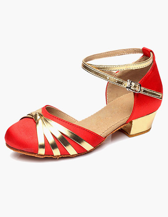 レッド アンクル　ストラップ　サテン　ボールルームシューズ
