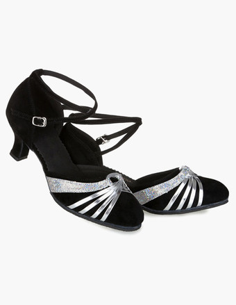 女性ダンスシューズ　ラテンダンスシューズ　美脚　疲れにくい　社交ダンスシューズ　滑り防止　チャンキーヒール　5.5cm　アーモンドトゥ　