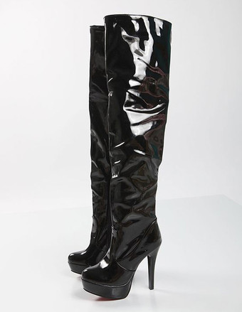 ブラック ニーハイ ブーツ スーパーロングブーツ　ハイヒール　フラットシューズ　脚長　美脚　靴の甲の素材：パテント　PU　スティレットヒール　13cm　筒丈62～64cm　ラウンドトゥ（丸いつま先）　ロマンチック　