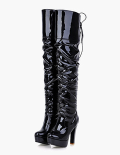 膝を超えるブーツ　2024　Puルーシュ Tハイハイブーツ　ブラックパータン女性ハイヒールブーツ