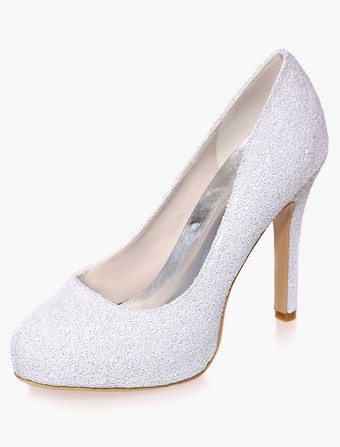 Zapatos de novia de tela brillante Zapatos de Fiesta de tacón de stiletto Zapatos blanco Zapatos de boda de puntera redonda 11cm 1.5cm
