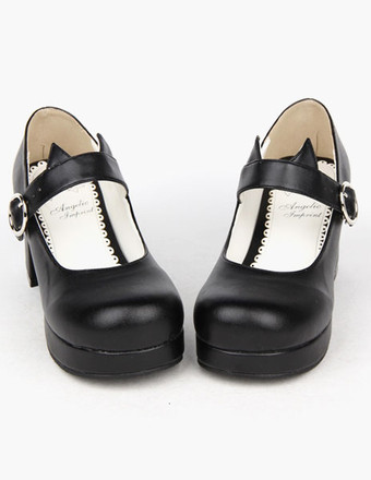 ブラック ロリータ靴　ブラック　チャンキーヒール　パーティー　ラウンドトゥ（丸いつま先）　