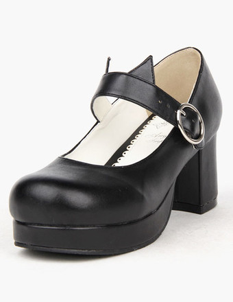 ロリータ靴　ブラック　チャンキーヒール　パーティー　ラウンドトゥ（丸いつま先）　