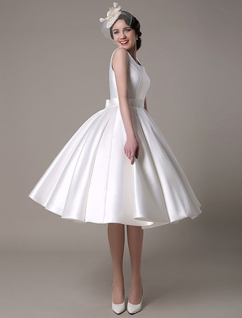 99Gown Wedding Dresses V-Neck Bridal Gowns Simple A-Line Tea Length Wedding Dress Bride Short W20033