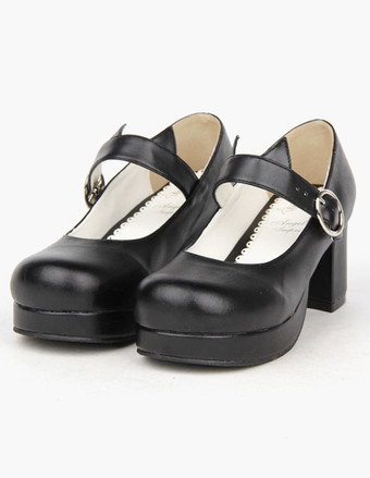 ロリータ靴　ブラック　チャンキーヒール　パーティー　ラウンドトゥ（丸いつま先）　