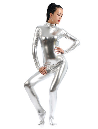 Faschingskostüm Karneval Silber Zentai Anzug glänzend metallic Catsuit für Frauen Karneval Kostüm